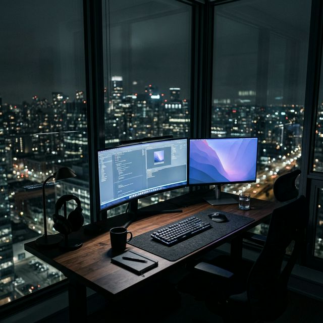 Abdullah's night workstation — Dubai lights through glass
